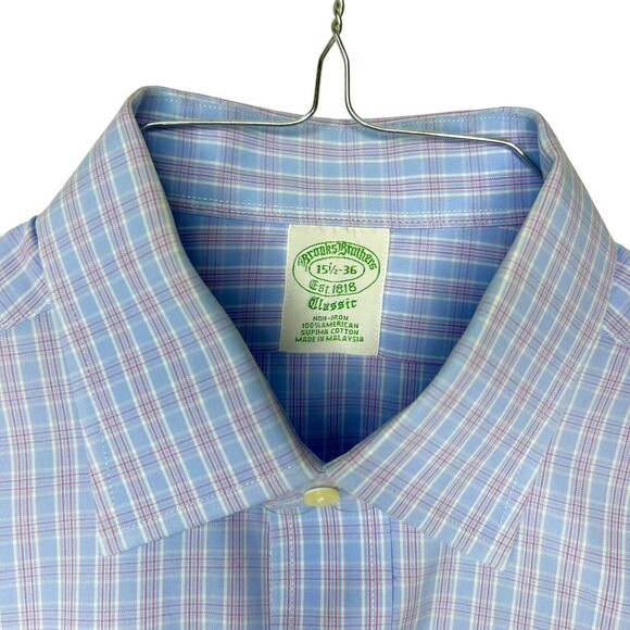 BROOKS BROTHERS Men's Dress Shirt Blue 15.5 36 Check Non-Iron French Cuff - Picture 3 of 7